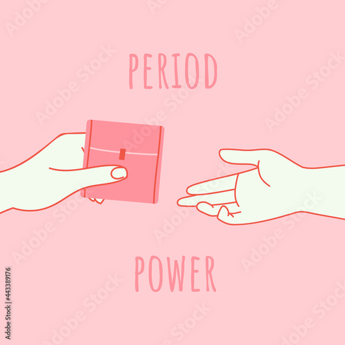 A woman's hand holds a pad and give it to another woman. Women's support and help for a sister. Menstruation, cycle, feminine hygiene, critical days. Feminism and sisterhood concept. Free periods