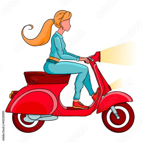 Young blonde girl on a red scooter. Vehicle. Cartoon style.