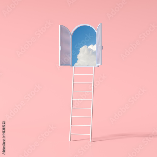 Schilderij op canvas Minimal conceptual scene of blue sky in an arch window and ladder on pink background