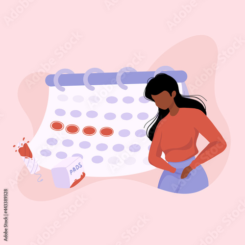 Unwell Woman suffering from stomachache, abdominal pain. Female period problems. Girl having period, premenstrual syndrome, PMS, menstruation, calendar.