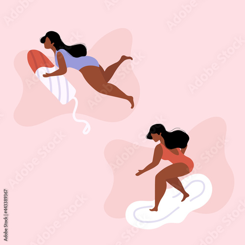 African women in underweare or swimsuit surfing on a pad. Period problems concept. Female protection. Website, article, print sticker. Girl having period, premenstrual syndrome, PMS, menstruation