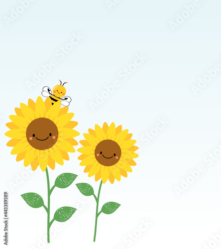 Sunflower and bee cartoon isolated on blue background vector illustration.