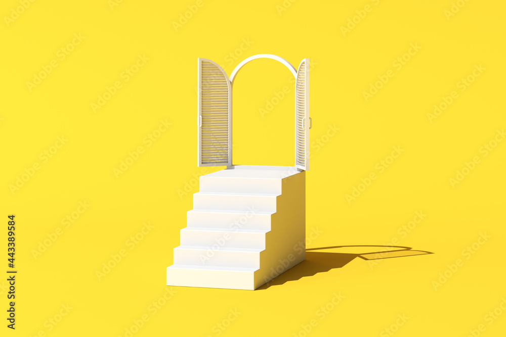 © nuchao - Minimal conceptual scene of white window and staircase on yellow background. 3D rendering © nuchao - Minimal conceptual scene of white window and staircase on yellow background. 3D rendering