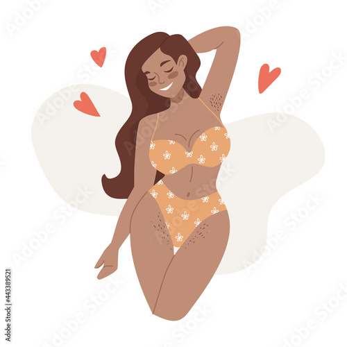 Happy african american curvy female figure. Body positive feminism concept. Lingerie and swimsuit. Beach body, summer vibes. Female beauty and self love poster. Love your body print card
