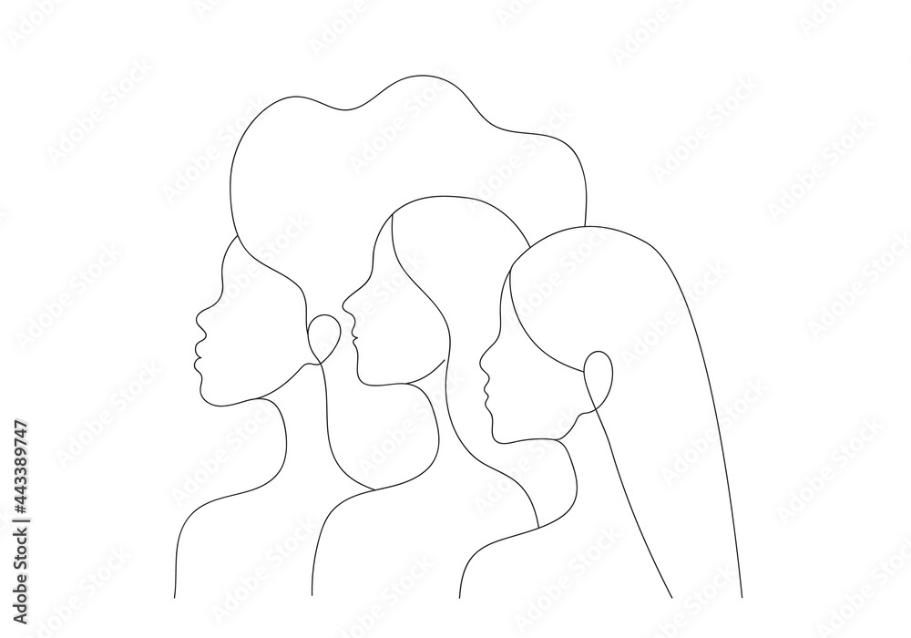 Women of different races standing together. Profile silhouettes of three female characters with varaious hairstyles. Minimal line art style illustration. Feminist movement concept Women of different races standing together. Profile silhouettes of three female characters with varaious hairstyles. Minimal line art style illustration. Feminist movement concept