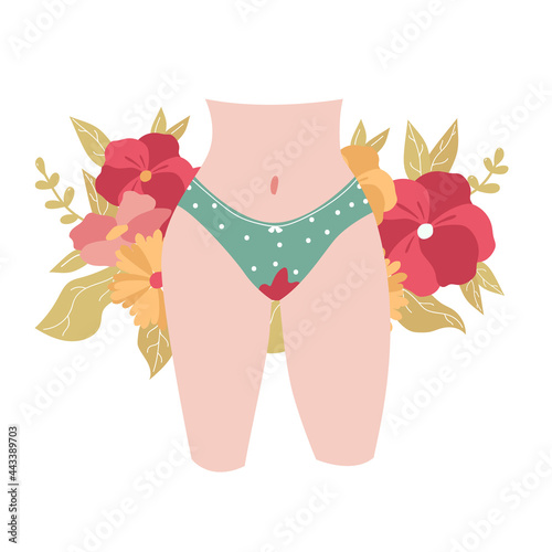 Female plus size hips, legs and waist in panties, underwear with blood. Menstrual hygiene in critical days. Menstruation, period elements, uterus. Woman, flowers, female womb cartoon illustration