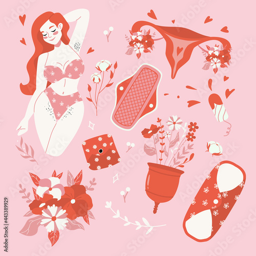 Sticker set of menstruation, period elements, uterus. Woman, flowers, tampons, female womb cartoon vector illustration. Zero waste periods, pads, cup, panties. Menstruation hygiene in critical days