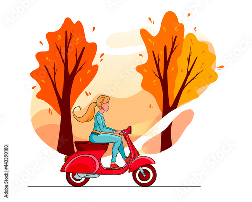 Autumn park trees and a girl on a red scooter. Cartoon style.