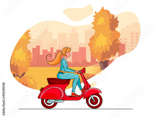 Autumn park trees, a city and a girl on a red scooter. Cartoon style.