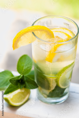 Lemonade with lemon, mint, lime, ice. Close-up. 
