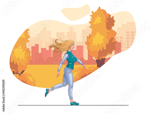 Autumn background. The girl runs against the background of the autumn park.