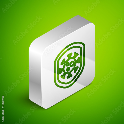 Isometric line Shield protecting from virus, germs and bacteria icon isolated on green background. Immune system concept. Corona virus 2019-nCoV. Silver square button. Vector.