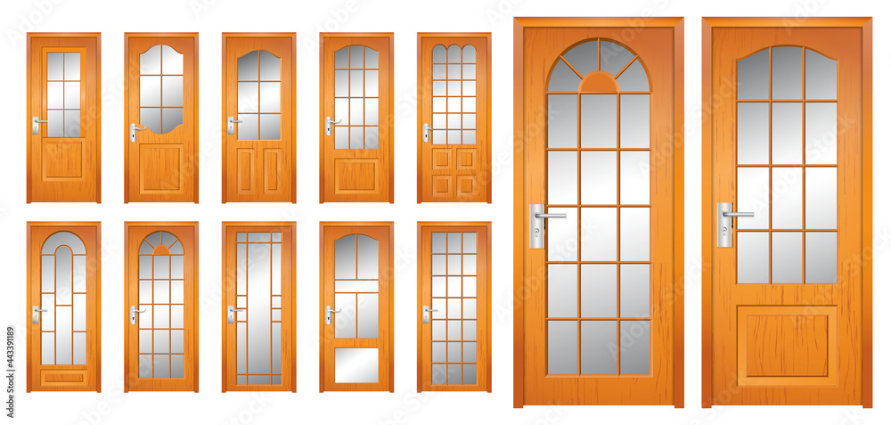 set of realistic wooden door isolated or modern wooden door style for home, office or apartment or realistic luxury doors in various style concept. eps vector