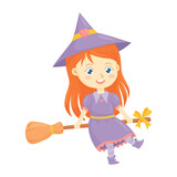 Cute redheaded witch flying on a broomstick