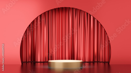3D rendering background. Gold stage podium display products with a red circle wall and curtain glossy background. Image for presentation.