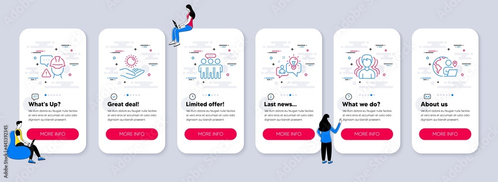 Naklejka premium Set of People icons, such as Builder warning, Sun protection, Employees group icons. UI phone app screens with teamwork. Group, Idea, Outsource work line symbols. Vector