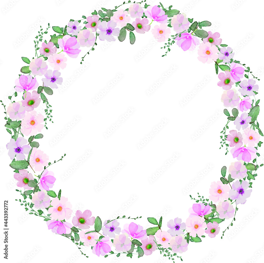Pink flower with green leaves wreath - watercolor hand draw vector background