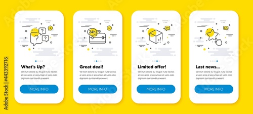 Vector set of 24h service, Augmented reality and Question bubbles line icons set. UI phone app screens with line icons. Ranking star icon. Support, Virtual reality, Faq. Click rank. Vector