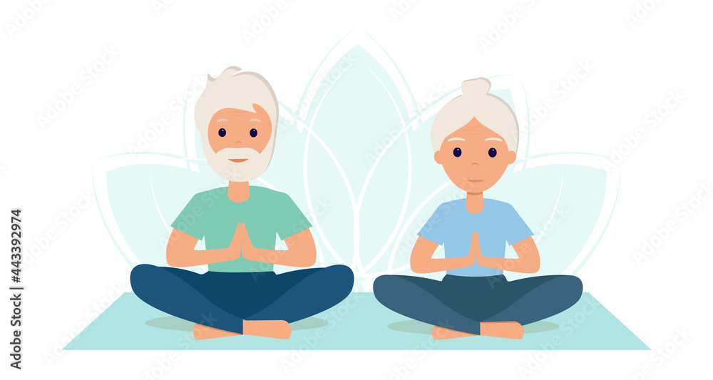 Elderly people do yoga, practice meditation. Yoga classes. The old woman and the old man go in for sports to lead an active healthy lifestyle. Yoga practice. Vector illustration in flat style. Elderly people do yoga, practice meditation. Yoga classes. The old woman and the old man go in for sports to lead an active healthy lifestyle. Yoga practice. Vector illustration in flat style.