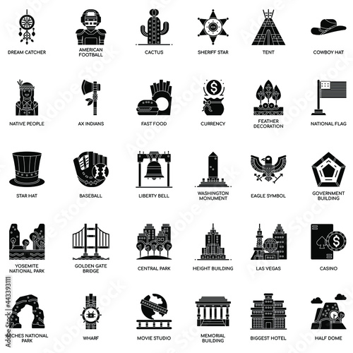 America Symbols elements black and white Thin Line and Pixel Perfect Icons