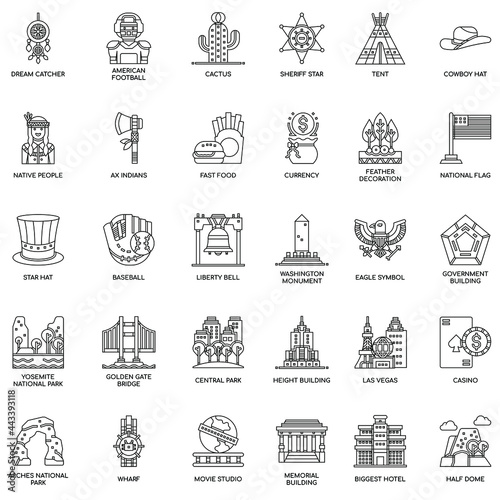 America Symbols elements outline Thin Line and Pixel Perfect Icons