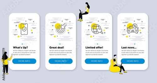 Set of Technology icons, such as Internet search, Phone protection, Targeting icons. UI phone app screens with people. Car leasing line symbols. Web finder, Private access, Click. Vector