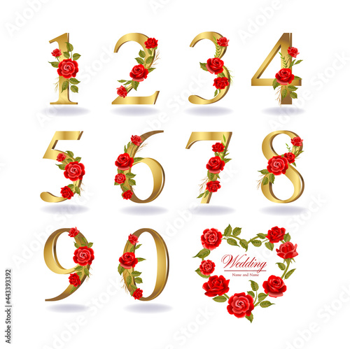 Collection of numbers decorated with roses, leaves, branches