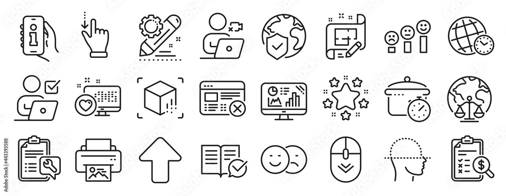 Set of Technology icons, such as Analytics graph, Boiling pan, Augmented reality icons. Accounting report, Architect plan, Face scanning signs. World insurance, Video conference, Spanner. Vector