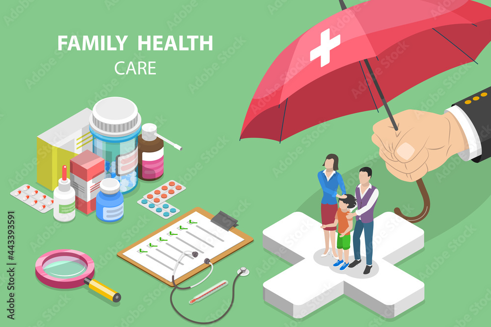 3D Isometric Flat Vector Conceptual Illustration of Family Health Care, Professional Medical Insurance Service