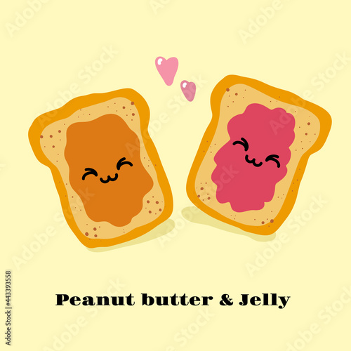 Jelly and peanut butter toast vector illustration in cute doodle style with antropomorphic faces. photo