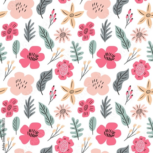 Floral hand drawn summerseamless pattern. Pastel abstract flowers and leaves pattern. Spring print for posters and greeting cards