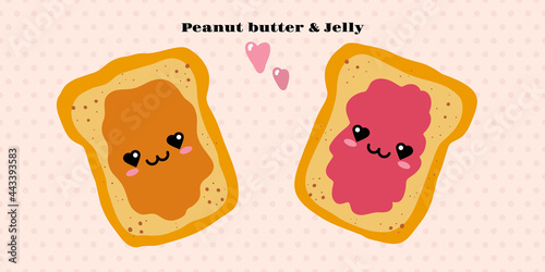 Jelly and peanut butter toast vector illustration in cute doodle style with antropomorphic faces.