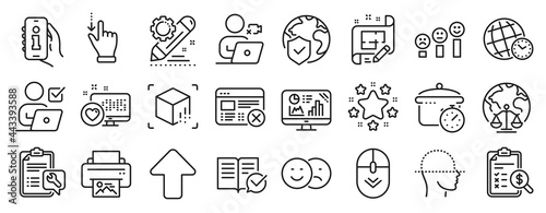 Set of Technology icons  such as Analytics graph  Boiling pan  Augmented reality icons. Accounting report  Architect plan  Face scanning signs. World insurance  Video conference  Spanner. Vector