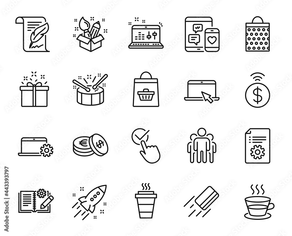 Vector set of Credit card, Group and Creativity line icons set. Shopping bag, Notebook service and Checkbox icons. Portable computer, Coffee cup and Drums signs. Credit card web symbol. Vector Vector set of Credit card, Group and Creativity line icons set. Shopping bag, Notebook service and Checkbox icons. Portable computer, Coffee cup and Drums signs. Credit card web symbol. Vector