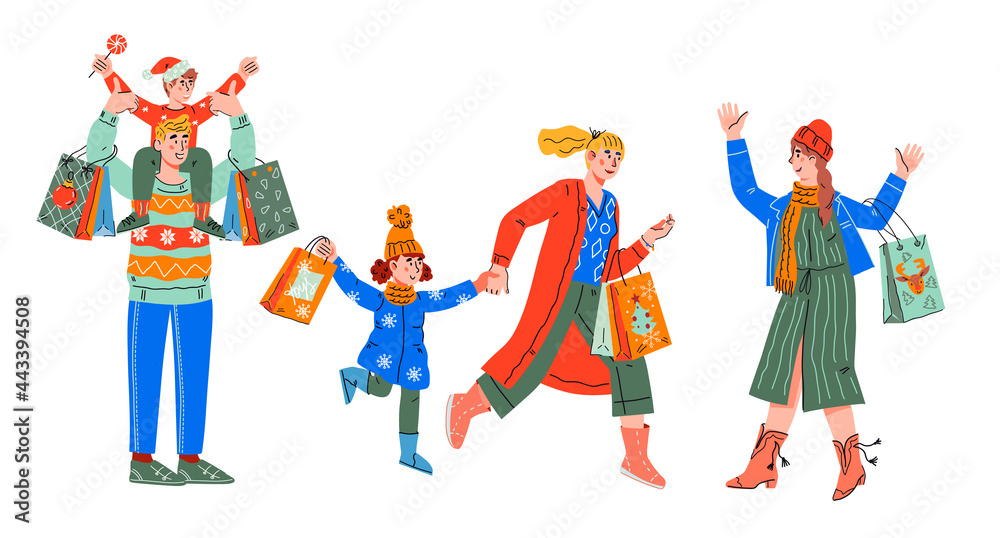 Fototapeta premium People man, women and children going Christmas shopping and carrying bags. Winter Christmas sale promotion with families running with shopping bags, cartoon vector illustration isolated on white.
