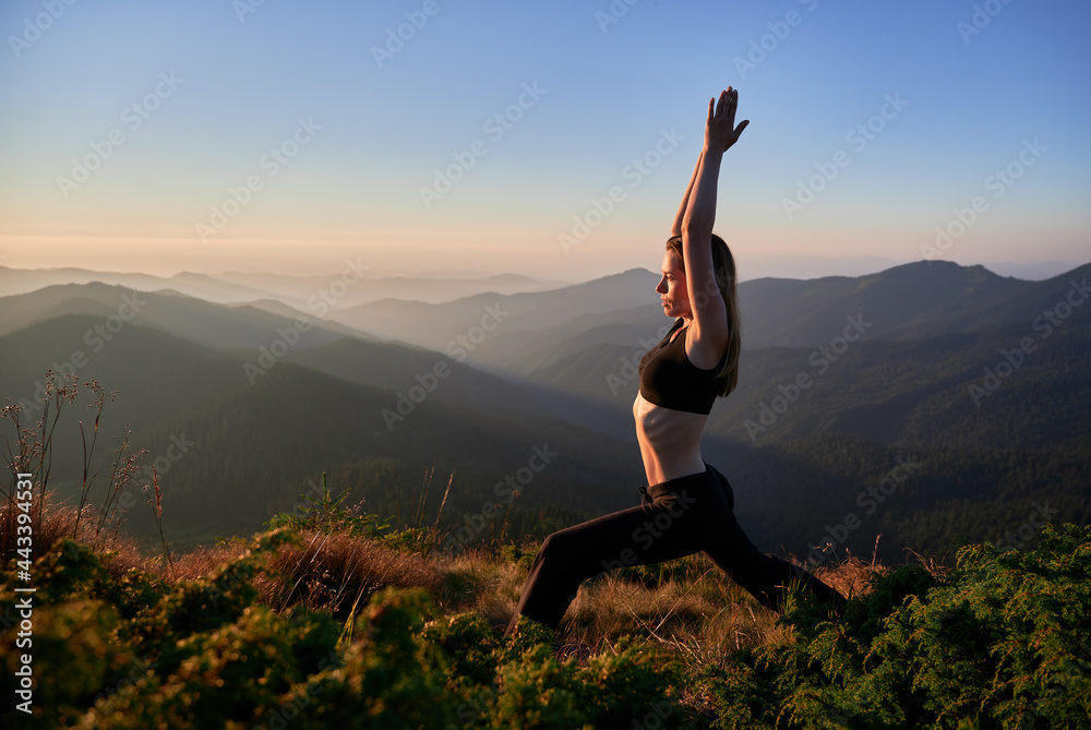 Side view of slim woman in black sportswear stretching on nature. Concept  of harmony with freedom and nature. Stock Photo | Adobe Stock