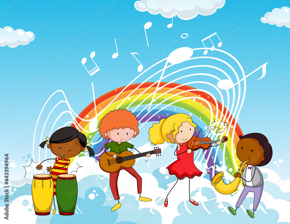 Happy kids with music melody symbols in the sky with rainbow Happy kids with music melody symbols in the sky with rainbow