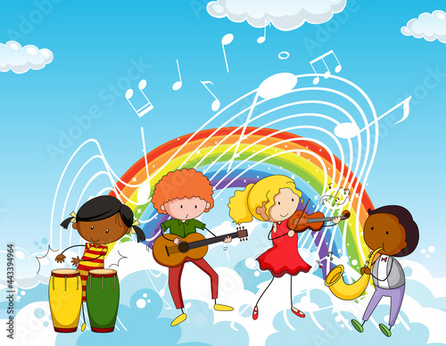 Happy kids with music melody symbols in the sky with rainbow