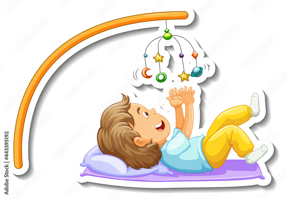 Naklejka premium Sticker template with a little girl playing baby mobile isolated