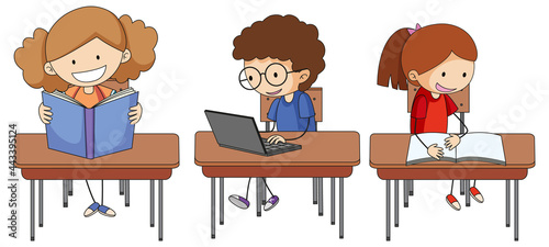Set of doodle kids doing homework cartoon character isolated