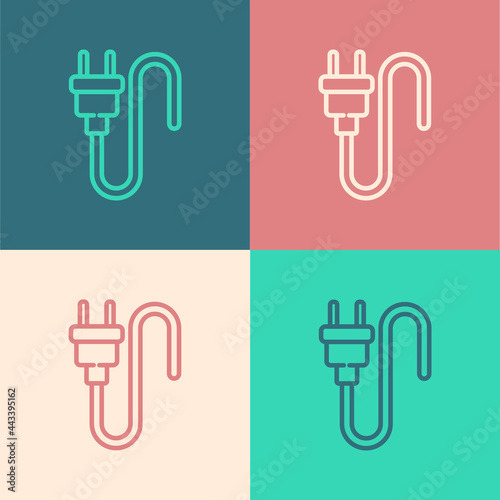 Pop art line Electric plug icon isolated on color background. Concept of connection and disconnection of the electricity. Vector