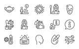 Medical icons set. Included icon as Skin cream, Mint bag, Cancel flight signs. Thermometer, Nurse, Vaccination symbols. Head, Wash hands, Coronavirus. Medical mask, Eye drops, Sick man. Vector