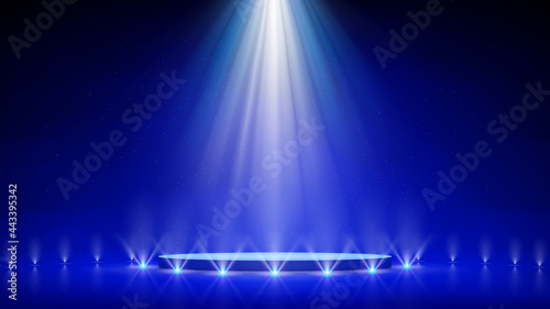 Spotlight backdrop. Illuminated blue stage podium. Background for displaying products. Bright beams of spotlights, shimmering glittering particles, a spot of light. Vector illustration