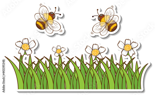 Many honey bees flying above grass field sticker