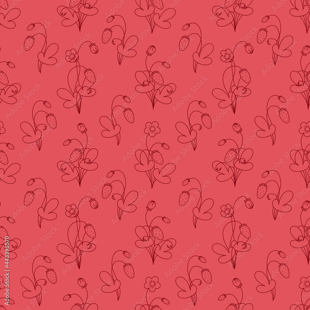 Seamless vector pattern with cute hand drawn strawberries. Ruby line objects on red background. Fruity texture for wrapping paper, textile, print, fabric, wallpaper, print, gift.