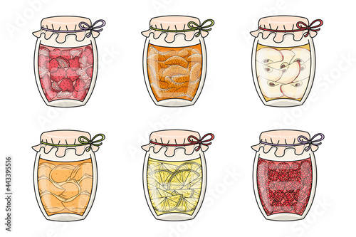 Cute hand drawn vector collection of glass jars with homemade fruit jam isolated on white background. Graphic elements for package, banner, print, card, fabric, label, textile, wrapping paper, web.