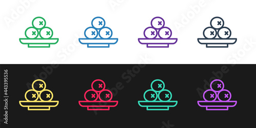 Set line Olives on plate icon isolated on black and white background. Vector