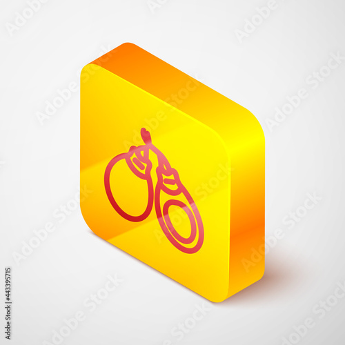 Isometric line Musical instrument castanets icon isolated on grey background. Yellow square button. Vector