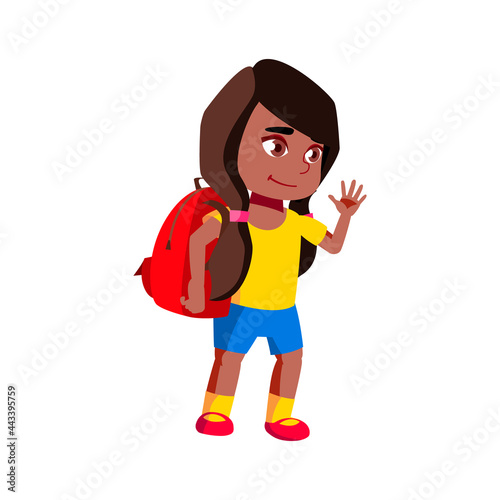 Girl Kid Going To School With Schoolbag Vector. Little African Schoolgirl Waving Hand And Go To School Lesson With Backpack. Character Cute Lady Pupil Daily Routine Flat Cartoon Illustration