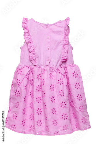 Summer dress isolated. Closeup of a beautiful pink sleeveless baby girl dress isolated on a white background. Clipping path. Children spring fashion. Macro of back view.